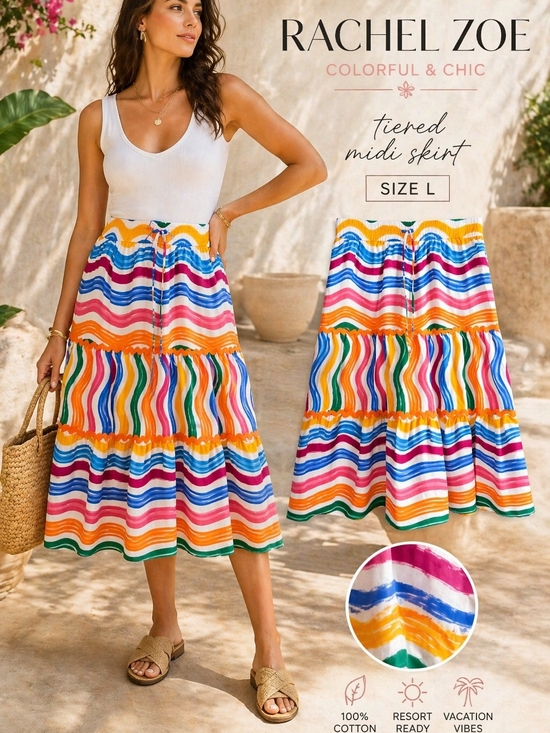 Rachel Zoe Dresses & Skirts - Rachel Zoe Colorful Striped Tiered Midi Skirt Cotton Boho Resort Summer Size L
